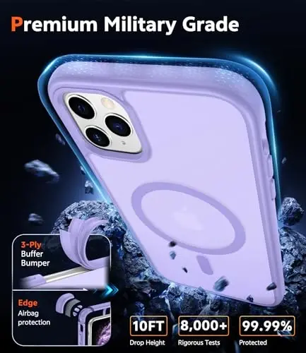 Чехол FNTCASE для iPhone 11 Pro-Max: Матовый магнитный чехол, совместимый с Magsafe, тонкий, защита от пожелтения, военный класс защиты от падений, прочный защитный полупрозрачный чехол (C-Purple) - 6