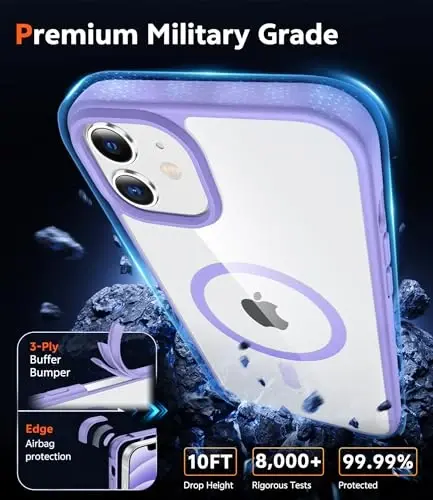 Чехол FNTCASE для iPhone 12: Чехол для iPhone 12 Pro с магнитом, совместимый с Magsafe, тонкий, не желтеющий, армейский класс защиты от падений, защитный прозрачный чехол (B-Светло-фиолетовый) - 6