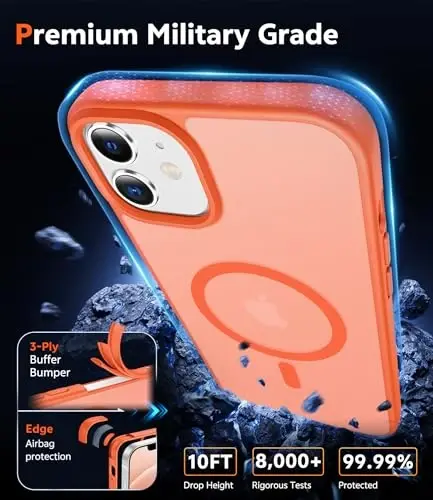 Чехол FNTCASE для iPhone 12 Matte: чехол для iPhone 12 Pro, магнитный, совместим с Magsafe, тонкий, против пожелтения, военный класс защиты от падений, прочный полупрозрачный защитный чехол (C-Orange) - 6