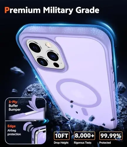 Чехол FNTCASE для iPhone 12 Pro-Max: Матовый магнитный чехол, совместимый с Magsafe, тонкий, не желтеющий, военного класса защиты от падений, прочный защитный полупрозрачный чехол для телефона (C-фиолетовый) - 6