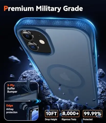 Чехол FNTCASE для iPhone 13 Mini: Чехол для iPhone 12 Mini, матовый магнитный чехол, совместимый с Magsafe, тонкий, защищенный от пожелтения, военного класса, противоударный, полупрозрачный (C-Blue) - 6