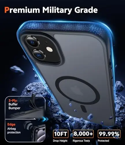Чехол FNTCASE для iPhone 13 Mini: матовый магнитный чехол для iPhone 12 Mini, совместимый с Magsafe, тонкий, устойчивый к пожелтению, военного класса защиты, ударопрочный, полупрозрачный (черный) - 6