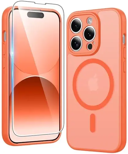 Чехол FNTCASE для iPhone 14 Pro: матовый магнитный чехол с защитной пленкой для экрана, совместимый с Magsafe, тонкий, устойчивый к пожелтению, прочный противоударный полупрозрачный чехол для телефона (оранжевый) 