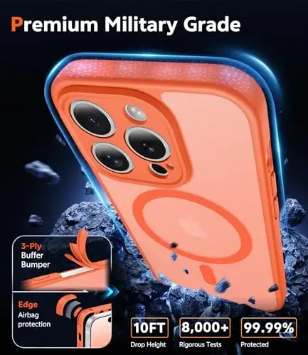 Чехол FNTCASE для iPhone 14 Pro: матовый магнитный чехол с защитной пленкой для экрана, совместимый с Magsafe, тонкий, устойчивый к пожелтению, прочный противоударный полупрозрачный чехол для телефона (оранжевый) - 6
