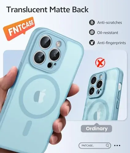 Чехол FNTCASE для iPhone 14 Pro: [Совместимость с Magsafe] Полупрозрачные матовые чехлы с [Полной защитой камеры] [Защитным стеклом] Ударопрочный защитный чехол для телефона военного класса - Бирюзовый 