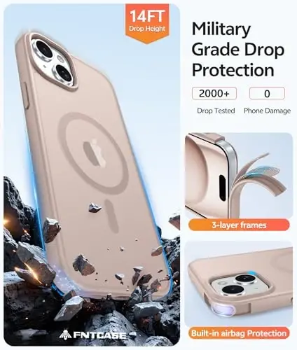 Чехол FNTCASE для iPhone 15: для чехла iPhone 14 и iPhone 13 [Совместимо с Magsafe] Полупрозрачные матовые чехлы с [Защитным стеклом] Ударопрочный защитный чехол для телефона военного класса - Пустынное золото - 5