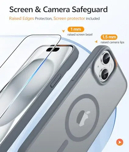 Чехол FNTCASE для iPhone 15: для чехла iPhone 14 и iPhone 13 [Совместимо с Magsafe] Полупрозрачные матовые чехлы с [Защитным стеклом] Ударопрочный защитный чехол для телефона военного класса - Серый - 4