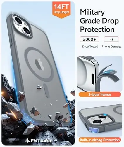 Чехол FNTCASE для iPhone 15: для чехла iPhone 14 и iPhone 13 [Совместимо с Magsafe] Полупрозрачные матовые чехлы с [Защитным стеклом] Ударопрочный защитный чехол для телефона военного класса - Серый - 5