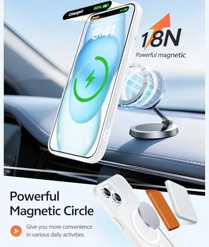 Чехол FNTCASE для iPhone 15: для iPhone 14 и iPhone 13 [Совместимо с Magsafe] Прозрачные матовые чехлы с [Защитным экраном] Ударопрочный защитный чехол для телефона военного класса - Белый - 3
