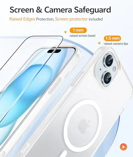 Чехол FNTCASE для iPhone 15: для iPhone 14 и iPhone 13 [Совместимо с Magsafe] Прозрачные матовые чехлы с [Защитным экраном] Ударопрочный защитный чехол для телефона военного класса - Белый - 4