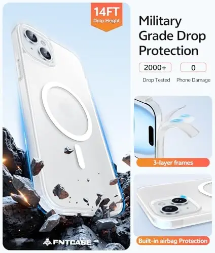 Чехол FNTCASE для iPhone 15: для iPhone 14 и iPhone 13 [Совместимо с Magsafe] Прозрачные матовые чехлы с [Защитным экраном] Ударопрочный защитный чехол для телефона военного класса - Белый - 5