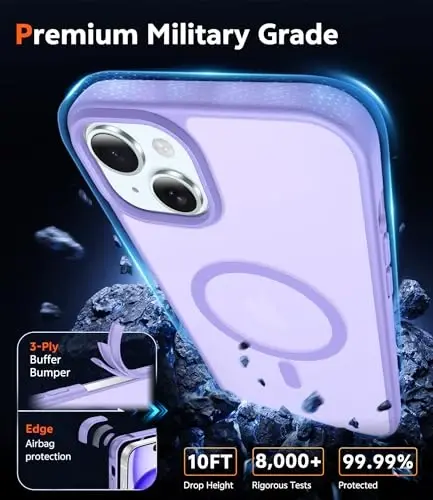 Чехол FNTCASE для iPhone 15 матовый: магнитный чехол для iPhone 14/13 с защитной пленкой для экрана, совместим с Magsafe, тонкий, не желтеющий, прочный защитный полупрозрачный чехол (C-Purple) - 6