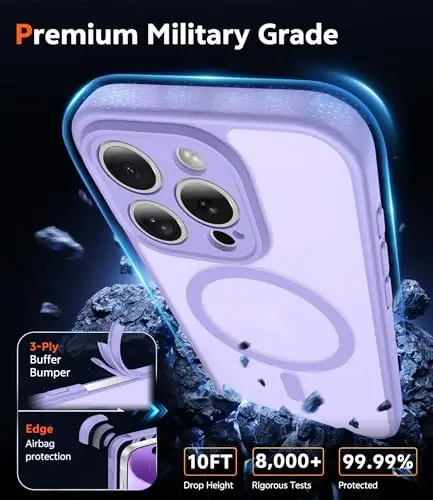 Чехол FNTCASE для iPhone 15 Pro: матовый магнитный чехол с защитной пленкой для экрана, совместимый с Magsafe, тонкий, устойчивый к пожелтению, прочный противоударный полупрозрачный защитный чехол (C-Purple) - 6