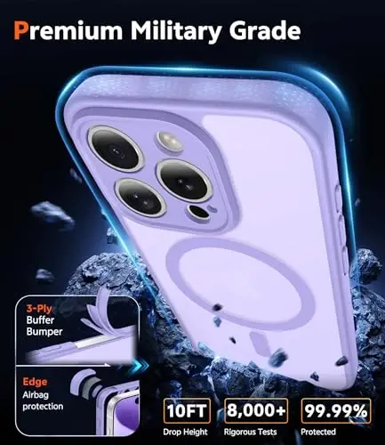 Чехол FNTCASE для iPhone 15 Pro-Max: Матовый магнитный чехол с защитной пленкой для экрана, совместимый с Magsafe, тонкий, не желтеющий, прочный, ударопрочный, полупрозрачный (C-Purple) - 6