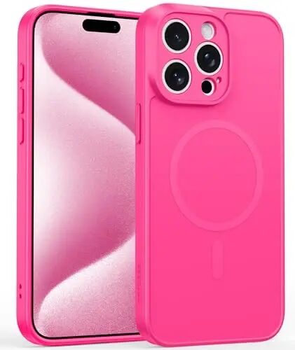 Чехол FNTCASE для iPhone 15 Pro Max: матовый магнитный чехол с защитным экраном, ударопрочный, совместимый с Magsafe, тонкий, устойчивый к пожелтению, прочный защитный жесткий чехол (D-Hot Pink Solid) - 1