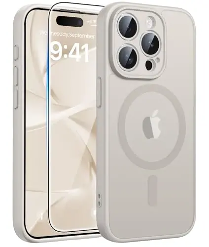 Чехол FNTCASE для iPhone 15 Pro Max: [Совместимость с Magsafe] Полупрозрачный матовый чехол с [Полной защитой камеры] [Защитной пленкой] Ударопрочный защитный чехол военного класса - Off White - 1