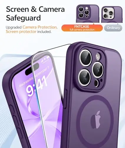Чехол FNTCASE для iPhone 15 Pro Max: [Совместимость с Magsafe] Прозрачные матовые чехлы с [Полной защитой камеры] [Защитным стеклом] Ударопрочный защитный чехол для телефона военного класса - Фиолетовый - 4