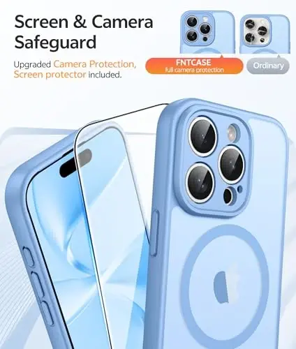 Чехол FNTCASE для iPhone 15 Pro Max: [Совместимость с Magsafe] Прозрачные матовые чехлы с [Полной защитой камеры] [Защитным стеклом] Ударопрочный защитный чехол для телефона военного класса - Светло-голубой - 4