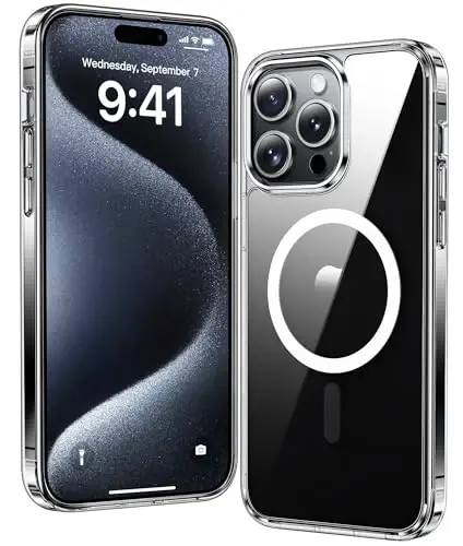 Чехол FNTCASE для iPhone 15 Pro: прочный магнитный, устойчивый к пожелтению, тонкий прозрачный чехол для телефона | Защита военного класса, противоударный, тонкая прозрачная накладка (Кристально чистый) 