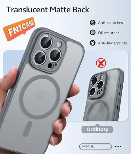 Чехол FNTCASE для iPhone 15 Pro: [Совместим с Magsafe] Полупрозрачный матовый чехол с [полной защитой камеры] [защитной пленкой] Ударопрочный защитный чехол военного класса - Серый - FNTCASE