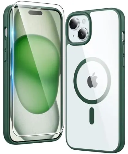 Чехол FNTCASE для iPhone 15 прозрачный: магнитный чехол для iPhone 14/13 с защитной пленкой для экрана, совместим с Magsafe, тонкий, не желтеющий, прочный защитный прозрачный чехол для телефона (B-Alpine Green) 