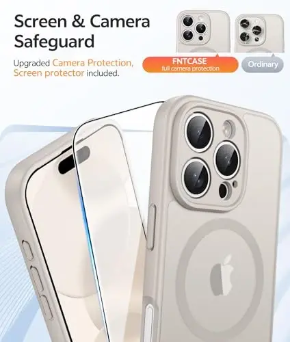 Чехол FNTCASE для iPhone 16 Pro Max: [Совместим с Magsafe] Полупрозрачный матовый чехол с [Полной защитой камеры] [Защитным стеклом] Ударопрочный защитный чехол военного класса - Off White - 4