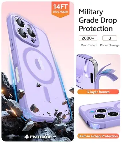 Чехол FNTCASE для iPhone 16 Pro: [Совместимость с Magsafe] Полупрозрачный матовый чехол с [полной защитой камеры] [защитным стеклом] Ударопрочный защитный чехол военного класса - Светло-фиолетовый - 5