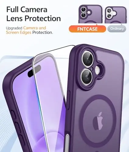 Чехол FNTCASE для iPhone 16: [Совместимость с Magsafe] Полупрозрачный матовый чехол с [полной защитой камеры] [защитным стеклом] Ударопрочный защитный чехол военного класса - Фиолетовый - 4