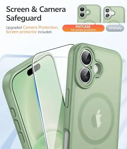 Чехол FNTCASE для iPhone 16: [Совместимость с Magsafe] Полупрозрачный матовый чехол с [полной защитой камеры] [защитным стеклом] Ударопрочный защитный чехол военного класса — Light Moss - 4