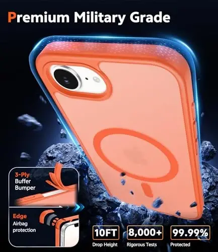 Чехол FNTCASE для iPhone 17 и iPhone 16 матовый: магнитные чехлы с защитной пленкой для экрана, ударопрочные, совместимые с Magsafe, тонкие, защитные, полупрозрачные, не желтеют (C-Orange) - 6