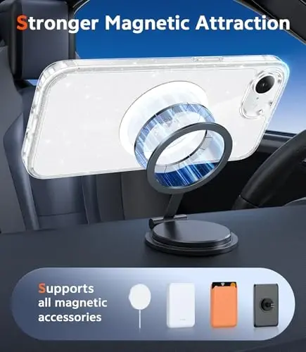 Чехол FNTCASE для iPhone 17 и iPhone 16 прозрачный: магнитные чехлы, совместимые с Magsafe, тонкие, защита от пожелтения, военный класс защиты при падении, прозрачная накладка (B-Glitter Magnetic) - 4