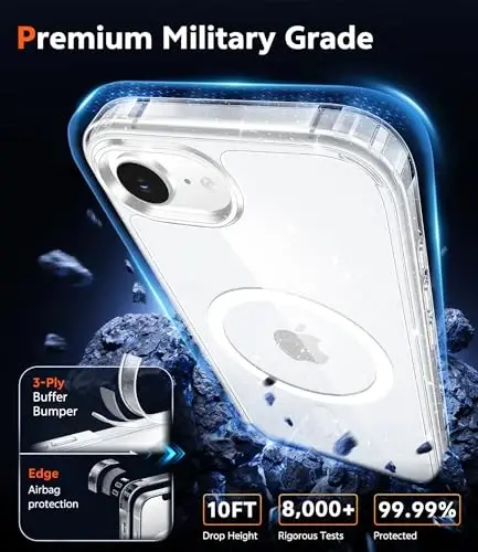 Чехол FNTCASE для iPhone 17 и iPhone 16 прозрачный: магнитные чехлы, совместимые с Magsafe, тонкие, защита от пожелтения, военный класс защиты при падении, прозрачная накладка (B-Glitter Magnetic) - 6