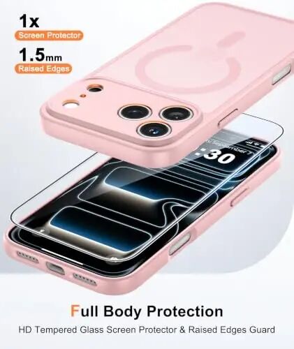 Чехол FNTCASE для iPhone 17 Pro-Max: полупрозрачный розовый тонкий чехол с поддержкой MagSafe, полной защитой камеры и защитным стеклом из закаленного стекла, испытание на падение по военному стандарту 14FT, матовое приятное на ощупь покрытие 