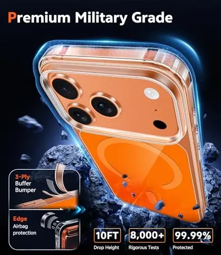 Чехол FNTCASE для iPhone 17 Pro-Max: прозрачные магнитные чехлы для телефонов с защитной пленкой, совместимые с Magsafe, тонкие, не желтеющие, прочные, ударопрочные, защитные, прозрачные (B-A Orange) - 1