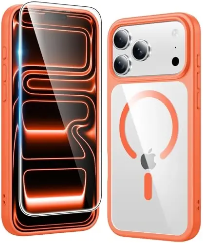 Чехол FNTCASE для iPhone 17 Pro-Max: прозрачный магнитный чехол с защитной пленкой для экрана, совместимый с Magsafe, тонкий, защищенный от пожелтения, ударопрочный, прозрачный защитный чехол для телефона (B-Orange) 