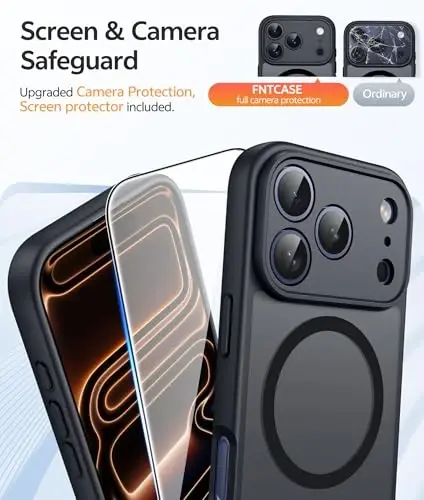 Чехол FNTCASE для iPhone 17 Pro Max: [Совместимо с Magsafe] Полупрозрачные матовые чехлы с [полной защитой камеры] [защитной пленкой] Ударопрочный защитный чехол для телефона военного класса - Черный круг - 4