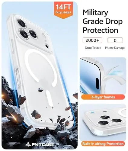 Чехол FNTCASE для iPhone 17 Pro Max: [Совместимость с Magsafe] полупрозрачные матовые чехлы с [полной защитой камеры] [защитной пленкой] ударопрочный защитный чехол для телефона военного класса - белый - 5