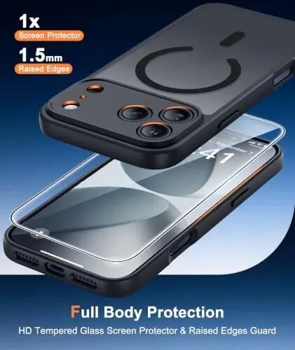 Чехол FNTCASE для iPhone 17 Pro: полупрозрачный черный тонкий чехол с поддержкой MagSafe, полной защитой камеры и защитным стеклом, защита от падений военного класса 14 футов, матовое приятное на ощупь покрытие 