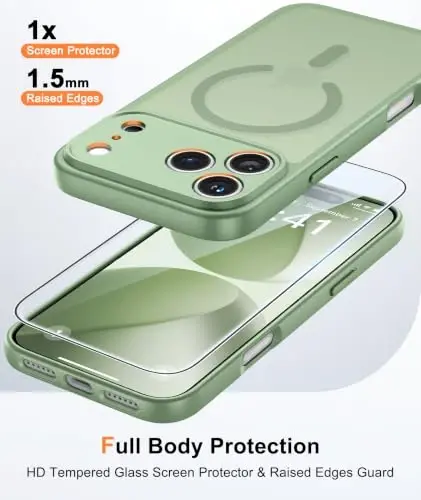 Чехол FNTCASE для iPhone 17 Pro: полупрозрачный тонкий чехол цвета «светлый мох» с поддержкой MagSafe, полной защитой камеры и защитным стеклом из закаленного стекла, защита от падений военного уровня с высоты 4,2 метра, матовая приятная на ощупь поверхность - 1