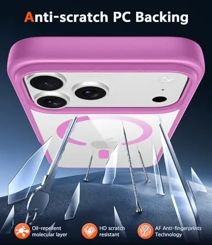Чехол FNTCASE для iPhone 17 Pro: прозрачный магнитный чехол с защитной пленкой для экрана, совместимый с Magsafe, тонкий, устойчивый к пожелтению, прочный, ударопрочный, прозрачный защитный чехол для телефона (B-Pink) - 5