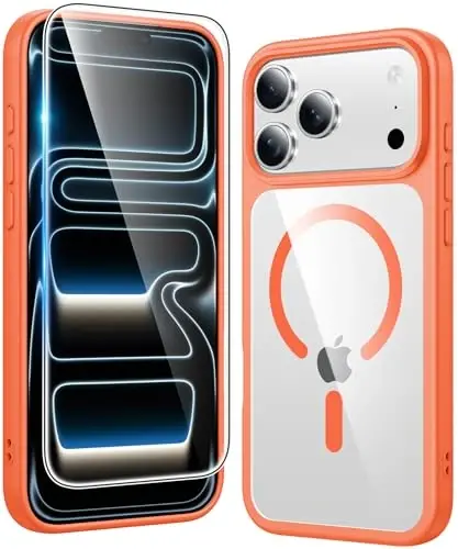 Чехол FNTCASE для iPhone 17 Pro: прозрачный магнитный чехол с защитным стеклом, совместимый с Magsafe, тонкий, устойчивый к пожелтению, прочный противоударный прозрачный чехол для мобильного телефона (оранжевый) 