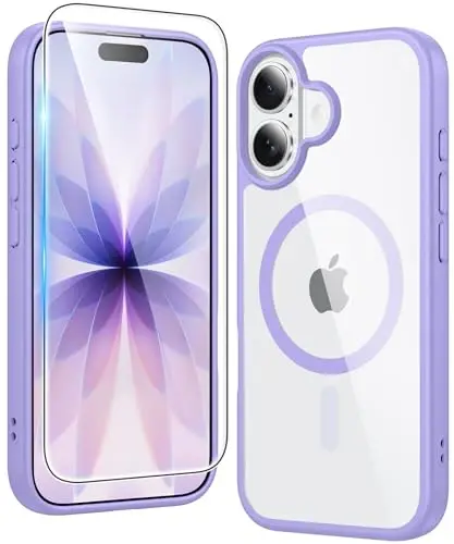 Чехол FNTCASE для iPhone 17 прозрачный: магнитный чехол с защитной пленкой для экрана, ударопрочный, совместим с Magsafe, тонкий, не желтеющий, защитный прозрачный чехол (B-Purple) 