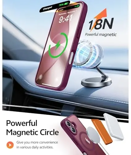 Чехол FNTCASE для iPhone 17: [Совместимость с Magsafe] Полупрозрачный матовый чехол с [полной защитой камеры] [защитным стеклом] Противоударный защитный чехол военного класса - Бордовый - 3
