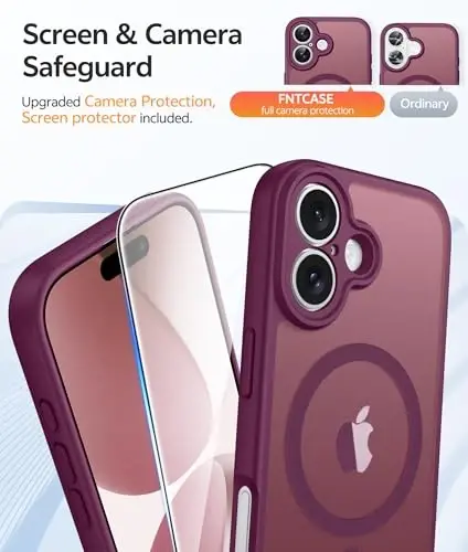 Чехол FNTCASE для iPhone 17: [Совместимость с Magsafe] Полупрозрачный матовый чехол с [полной защитой камеры] [защитным стеклом] Противоударный защитный чехол военного класса - Бордовый - 4