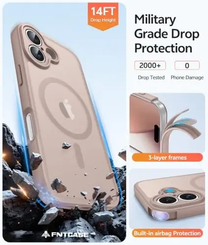 Чехол FNTCASE для iPhone 17: [Совместимость с Magsafe] Полупрозрачный матовый чехол с [Полной защитой камеры] [Защитным стеклом] Ударопрочный защитный чехол военного класса - Пустынное золото - 6