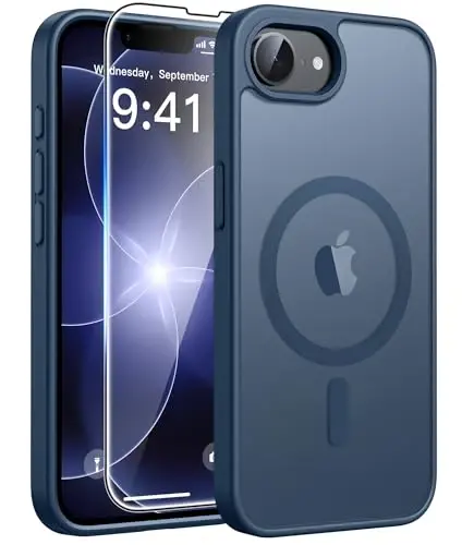 Чехол FNTCASE для iPhone 17e: Чехол для телефона iPhone 16e [Совместим с Magsafe] Полупрозрачные матовые чехлы с [Защитным экраном] Ударопрочный защитный чехол военного класса - Синий 