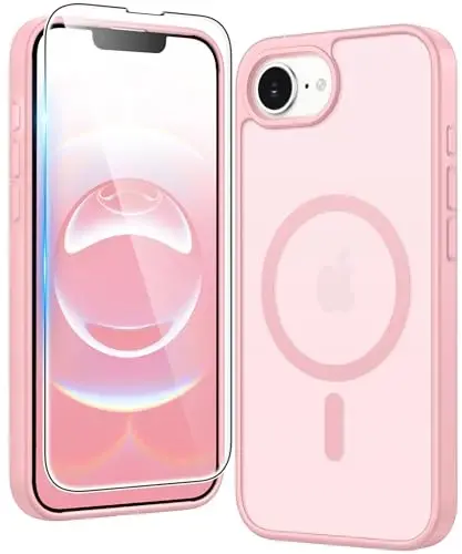 Чехол FNTCASE для iPhone 17e и iPhone 16e матовый: магнитные чехлы с защитной пленкой для экрана, ударопрочные, совместимые с Magsafe, тонкие, защитные, полупрозрачные, не желтеющие (C-Pink) 