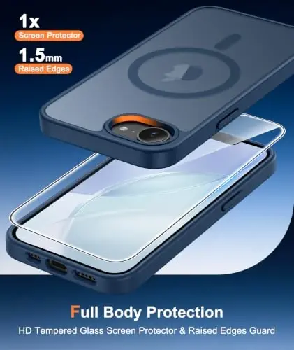 Чехол FNTCASE для iPhone 17e, синий: полупрозрачные чехлы для iPhone 16e с поддержкой MagSafe, защитой камеры и защитным стеклом, защита от падений по военному стандарту 14 футов, матовая приятная на ощупь крышка - 4