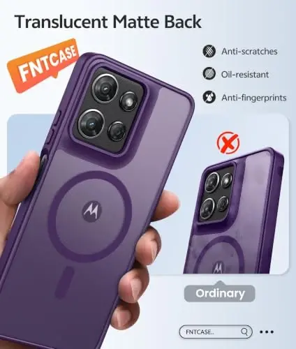 Чехол FNTCASE для Moto G 2026/2025: Чехол для Motorola Moto G Play 5G 2026 [Совместим с Magsafe] Полупрозрачные матовые чехлы с [Защитным стеклом] Противоударный защитный чехол для телефона военного класса - Фиолетовый - 6