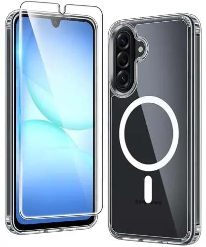 Чехол FNTCASE для Samsung Galaxy A17-5G: прозрачный магнитный чехол для Galaxy A16 с защитной пленкой для экрана, совместимый с Magsafe, тонкий, прочный, противоударный, защитный прозрачный чехол для телефона 